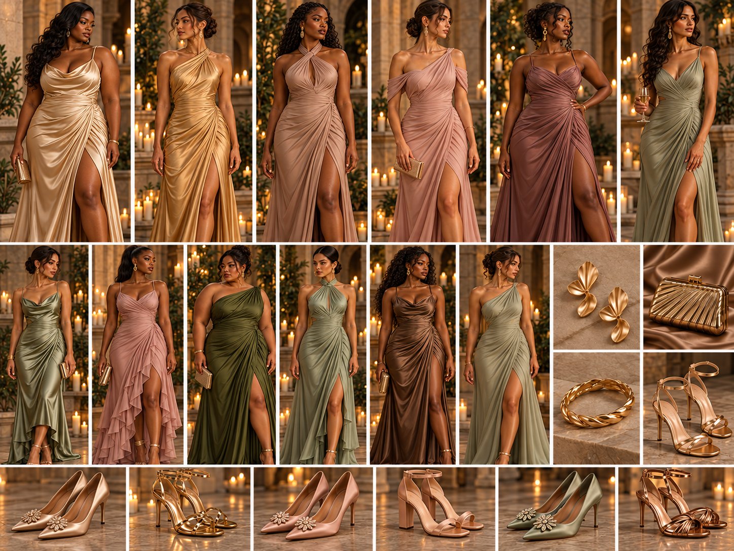 Women&rsquo;s inspiration: draped floor-length gowns in champagne, soft gold, taupe, blush, mauve, sage, olive, and bronze, with gold jewelry, a gold clutch, and formal heels