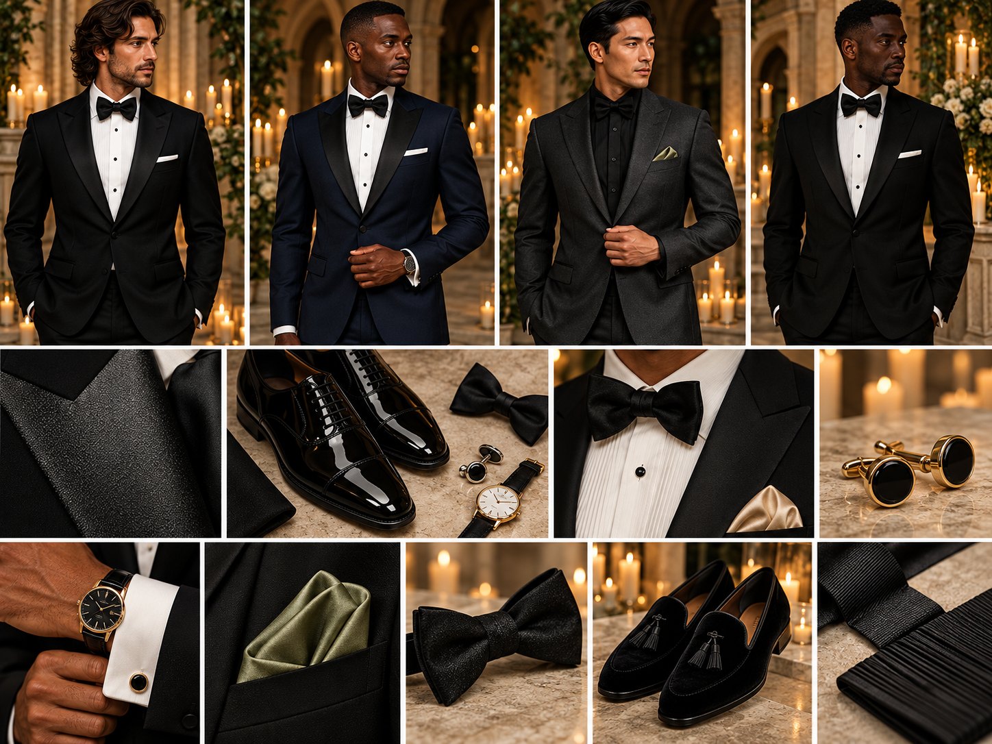 Men&rsquo;s inspiration: black, midnight navy, and charcoal tuxedos with bow ties, patent oxfords, velvet loafers, cufflinks, dress watches, and champagne and sage pocket squares